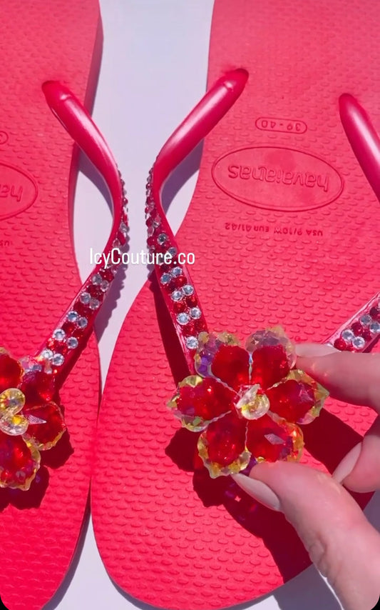 Red Havaianas Flip-Flops with XL Crystal AB Hawaiian Flower and Rhinestone Strap - ICY Couture