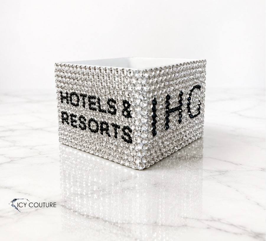 Custom rhinestone mic flag with Hotels & Resorts IHG logo for PR events, branding and luxury corporate gifting by ICY Couture.
