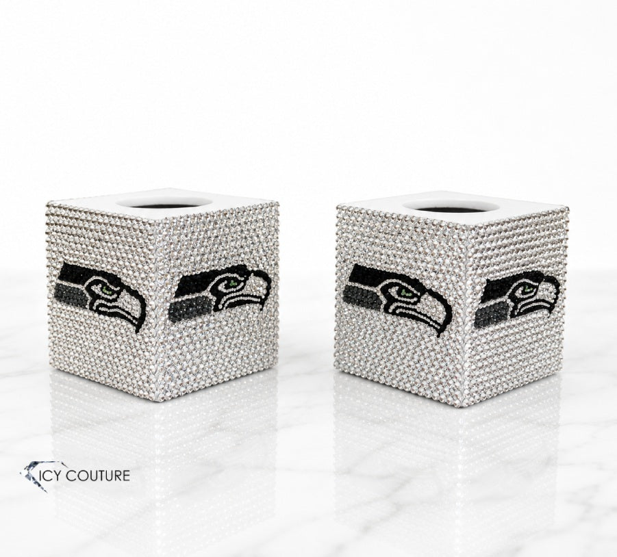 Two custom rhinestone-covered microphone flags with the Seattle Seahawks logo for branding, PR and events by ICY Couture. 
