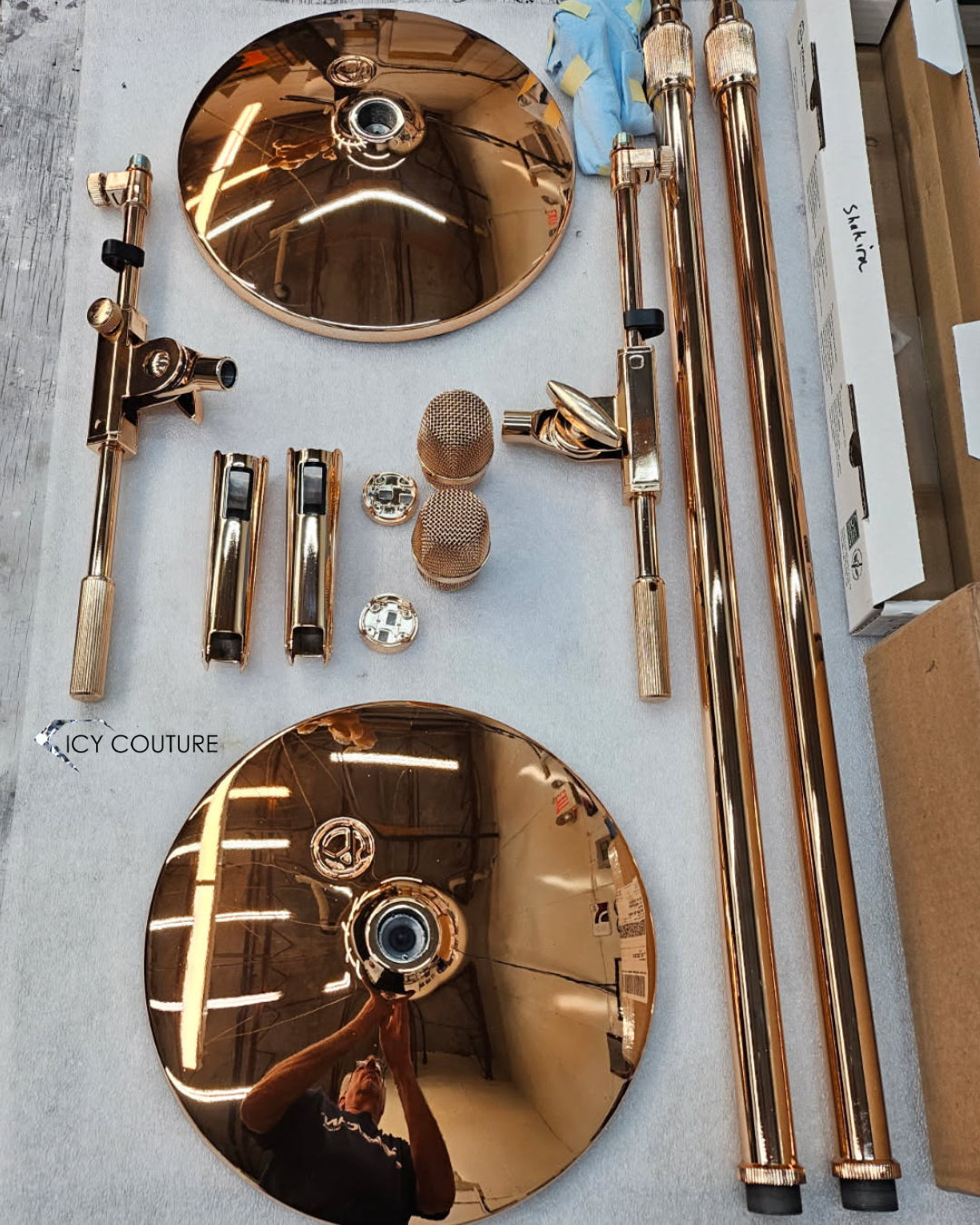 Disassembled Rose Gold Microphone And Mic Stand Parts During Custom Metallic Finish Coating Process By ICY Couture 