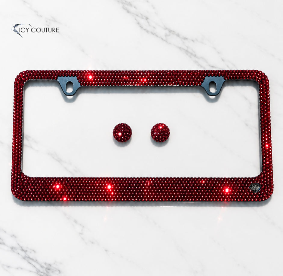 Siam red crystal license plate frame with matching screw caps by ICY Couture, hand-crystallized luxury car accessory and custom bling gift.