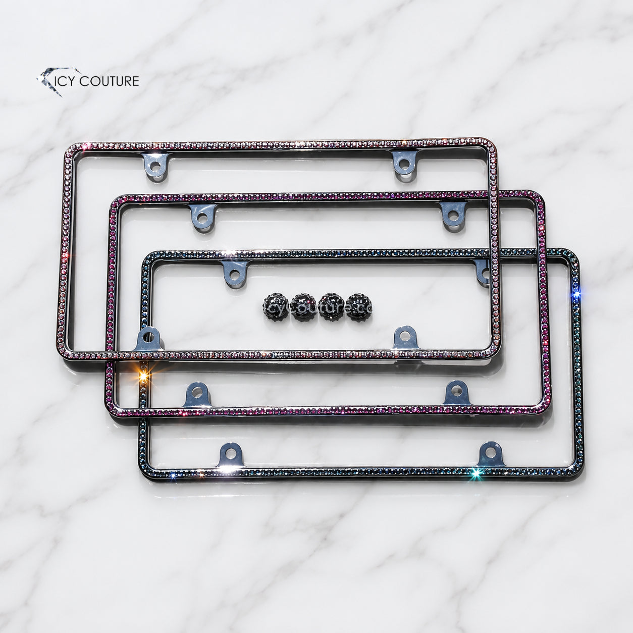 Minimalistic single-row slim rim license plate frames by ICY Couture in pink, iridescent, and Black Diamond Swarovski crystal colors with matching crystal screw caps for luxury car customization.