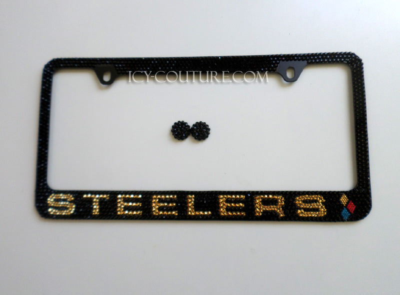 Black Steelers License Plate Frame Bedazzled with Swarovski Crystals