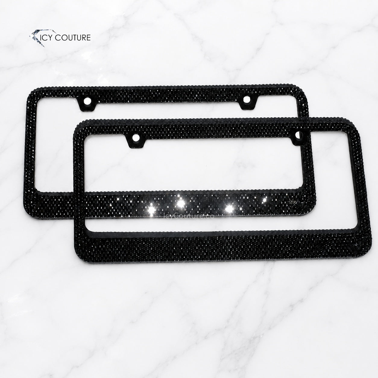 Swarovski Crystal Jet Black license plate frame by ICY Couture with hand-applied black crystals and matching luxury car styling.