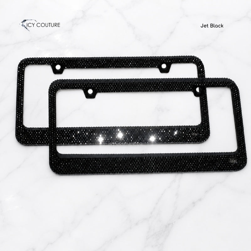 Swarovski Crystal Jet Black license plate frame by ICY Couture with hand-applied black crystals and matching luxury car styling.