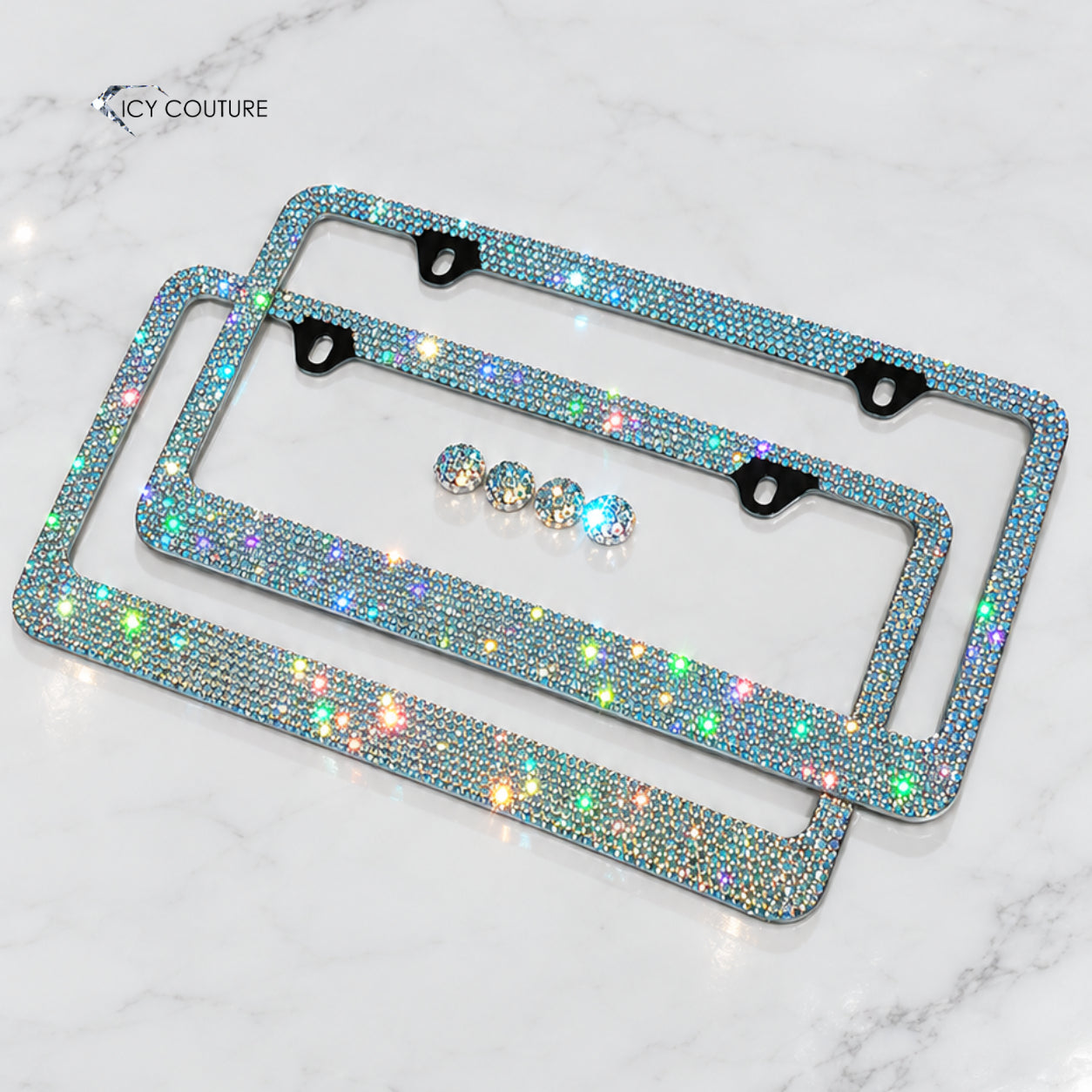 Swarovski Crystal Shimmer license plate frames with matching screw caps by ICY Couture, hand-crystallized luxury car accessories and custom bling gifts.