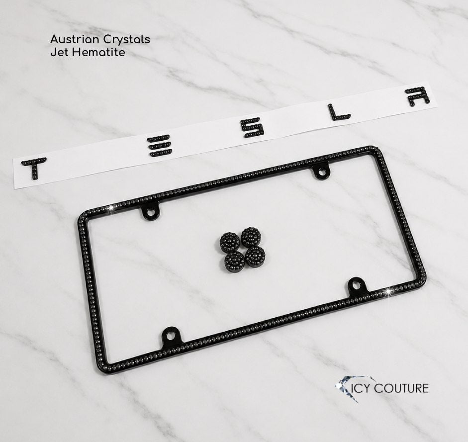 Black crystals slim license plate frame with 4 matching screw caps and Tesla letters set crystallized with Swarovski crystals Jet Hematite custom  car gifts for new car owners by ICY Couture