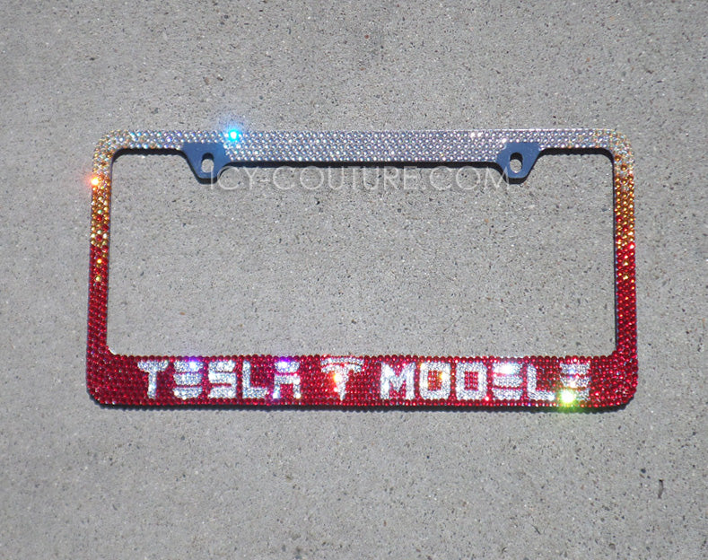 Tesla Model 3 Bling License Plate Frame Bedazzled with Swarovski Crystals in Custom Ombre Colors by ICY Couture