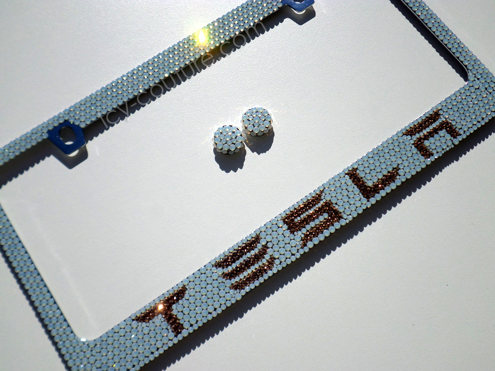 White Opal with 24K Gold Swarovski Bling Tesla License Plate Frame by ICY Couture