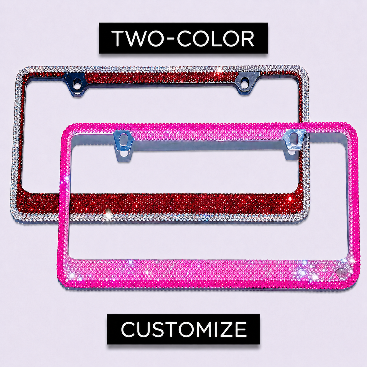 Custom two-color crystal license plate frames by ICY Couture with rhinestone outlines, bright crystal sparkle, and luxury car accessory styling.