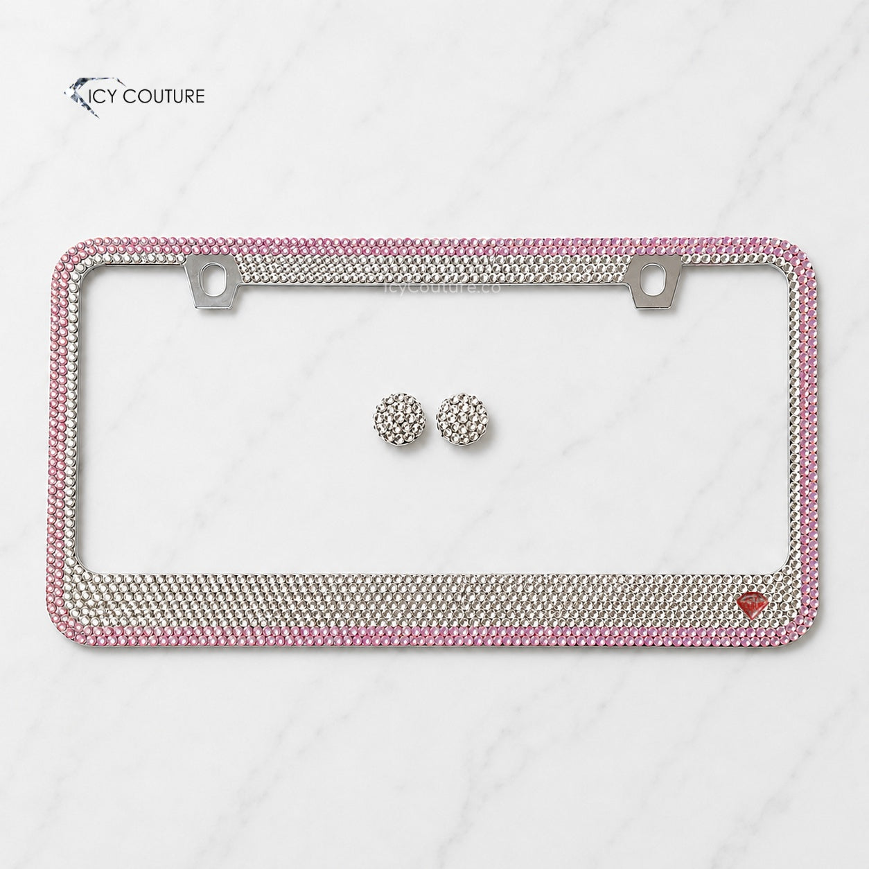 Two-tone rhinestone license plate frame by ICY Couture with Clear Premium Glass Rhinestones and an ICY Pink 2-row outline with matching screw caps