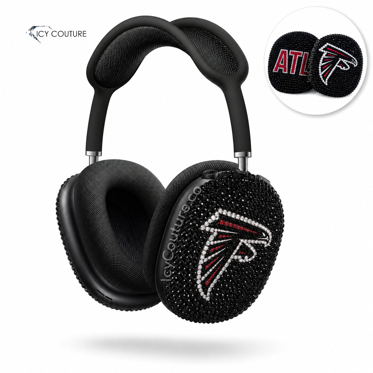 Black Apple AirPods Max headphones with custom Atlanta Falcons-inspired crystal ear covers, hand-crystallized by ICY Couture with black, red, and silver rhinestone details for luxury sports fan gifts.