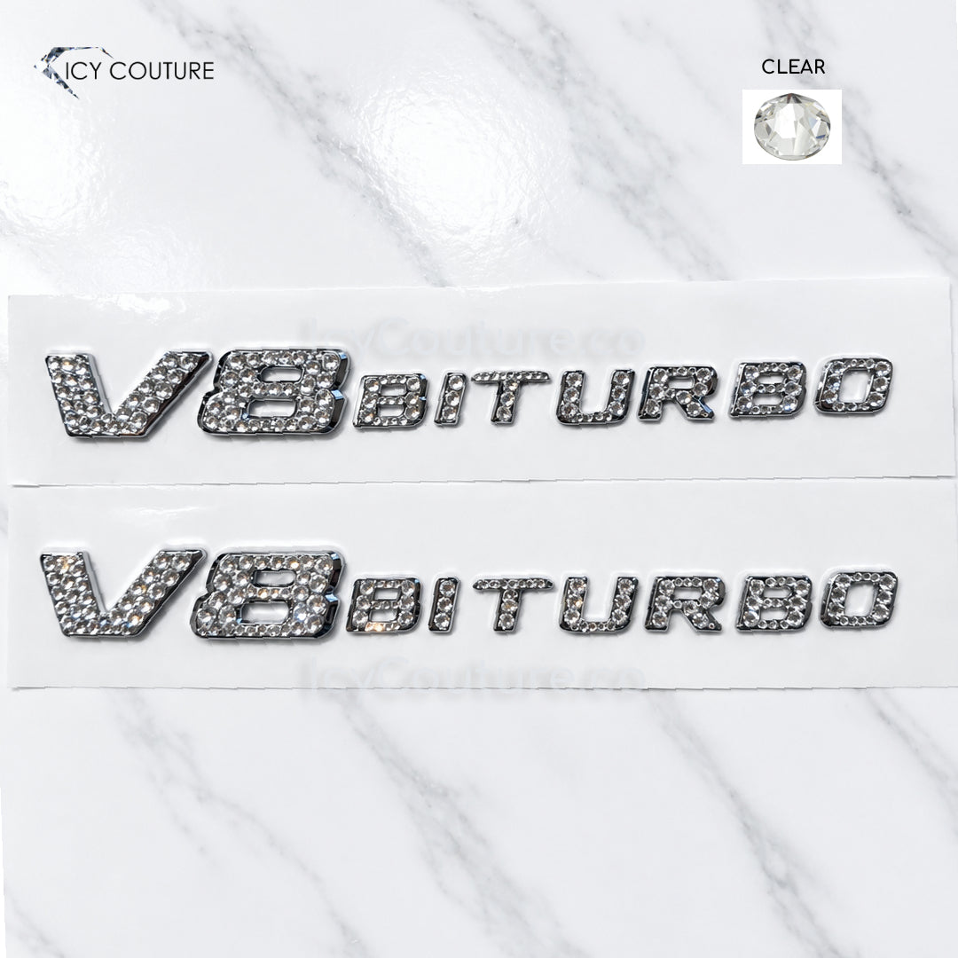 V8 BITURBO crystal emblem for Mercedes-Benz vehicles with Clear rhinestones, 3M adhesive backing, and trunk or fender placement by ICY Couture