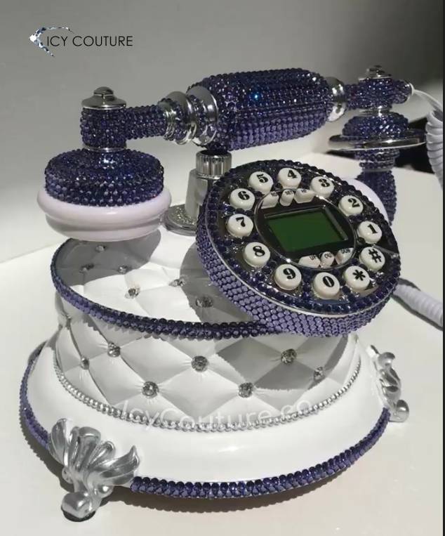 White vintage phone crystallized with purple swarovski crystals, decorative old school telephone for props