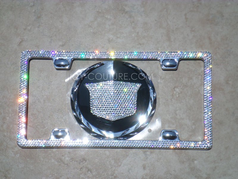 Diamond Clear Cadillac Emblem with Matching 3 Row 4 Screw Holes Swarovski Crystals License Plate Bedazzled by ICY Couture