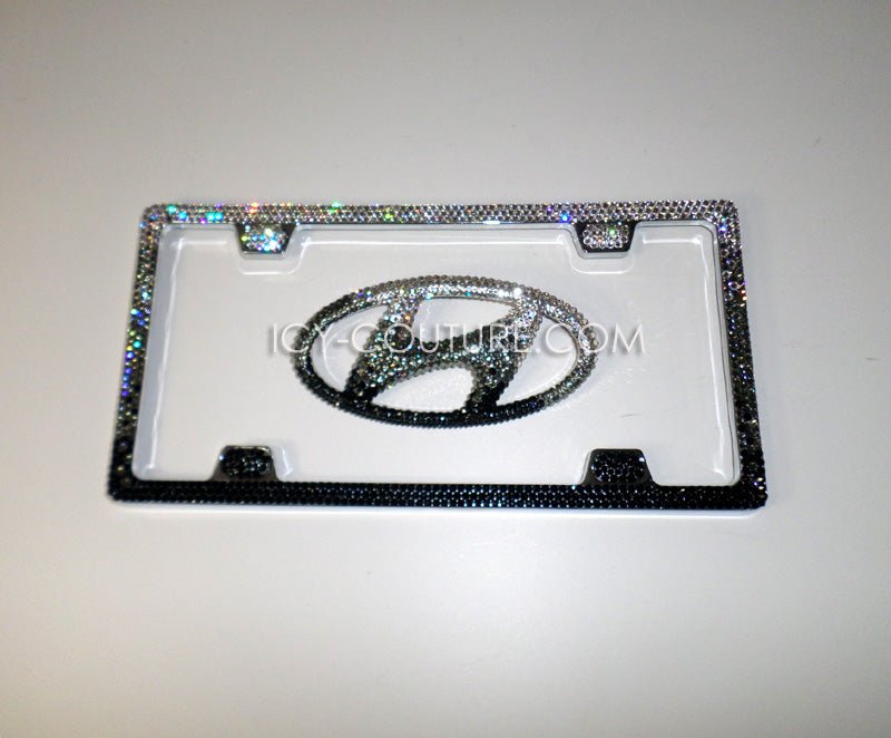 Hyundai Emblem with Vertical Black Diamond 3 Row 4 Screw Holes Swarovski Crystals License Plate Bedazzled by ICY Couture