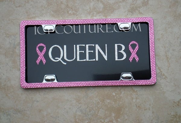 Cancer Ribbon with Custom Name License Plate with Matching Pink 3 Row 4 Screw Holes Swarovski Crystals License Plate Bedazzled by ICY Couture