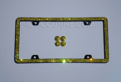 Bright Yellow Citrine 3 Row 4 Screw Holes Swarovski Crystals License Plate Bedazzled by ICY Couture