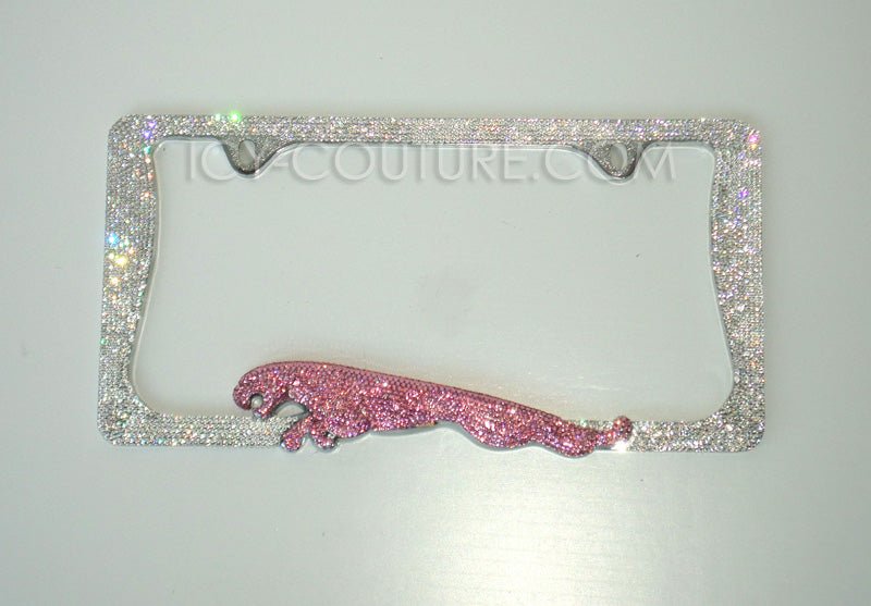 Diamond Clear and Pink Running Jaguar 3D Bling License Plate Frames Crystallized with Swarovski Crystals or glass rhinestones by ICY Couture.