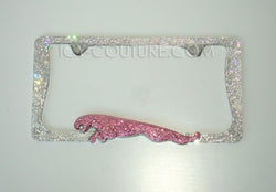 Diamond Clear and Pink Running Jaguar 3D Bling License Plate Frames Crystallized with Swarovski Crystals or glass rhinestones by ICY Couture.