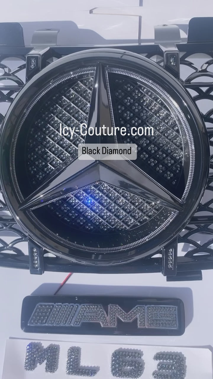 Watch Video of Custom Sparkling ML63 AMG Mercedes Emblems Set, Crystallized with Black Diamond Swarovski Crystals, and a Mesmerizing Crystallixed Mercedes Grille, Car Bling Accessories by ICY Couture.