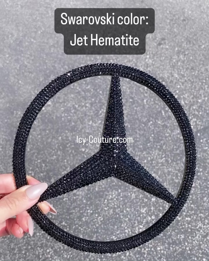 Make a Striking Statement on the Road with a Jet Hematite Crystallized Replacement Mercedes Emblem, sparkling custom car bling accessories by ICY Couture.