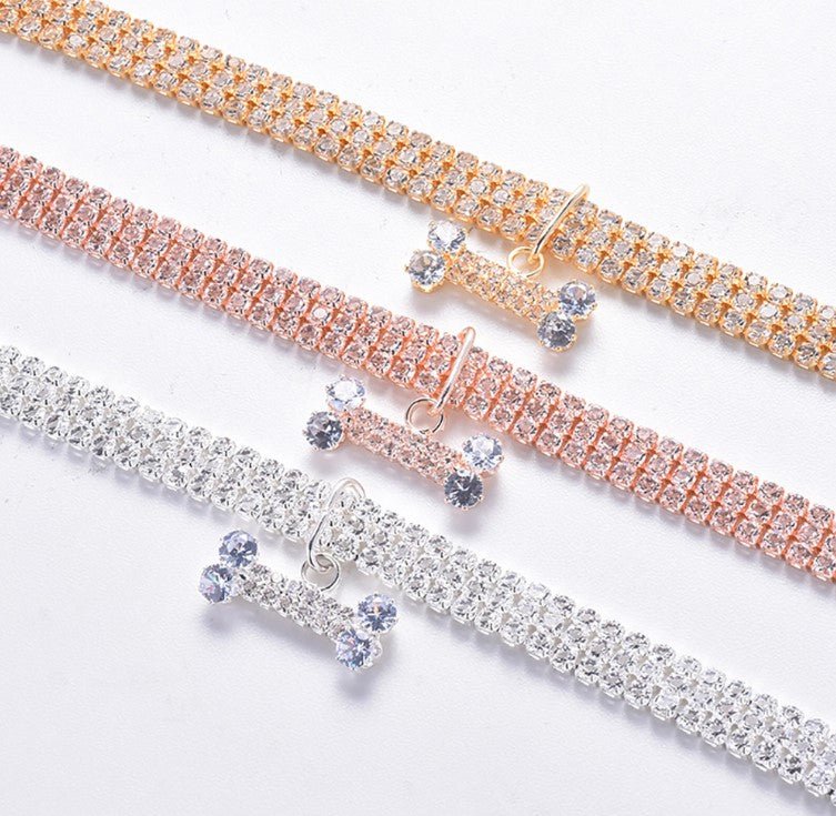 Adjustable Bling Necklace Collar with Crystal Bone Pendant for Dogs - ICY Couture