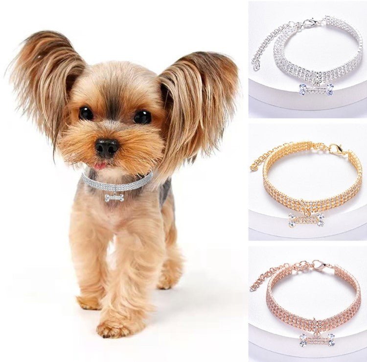 Adjustable Bling Necklace Collar with Crystal Bone Pendant for Dogs - ICY Couture