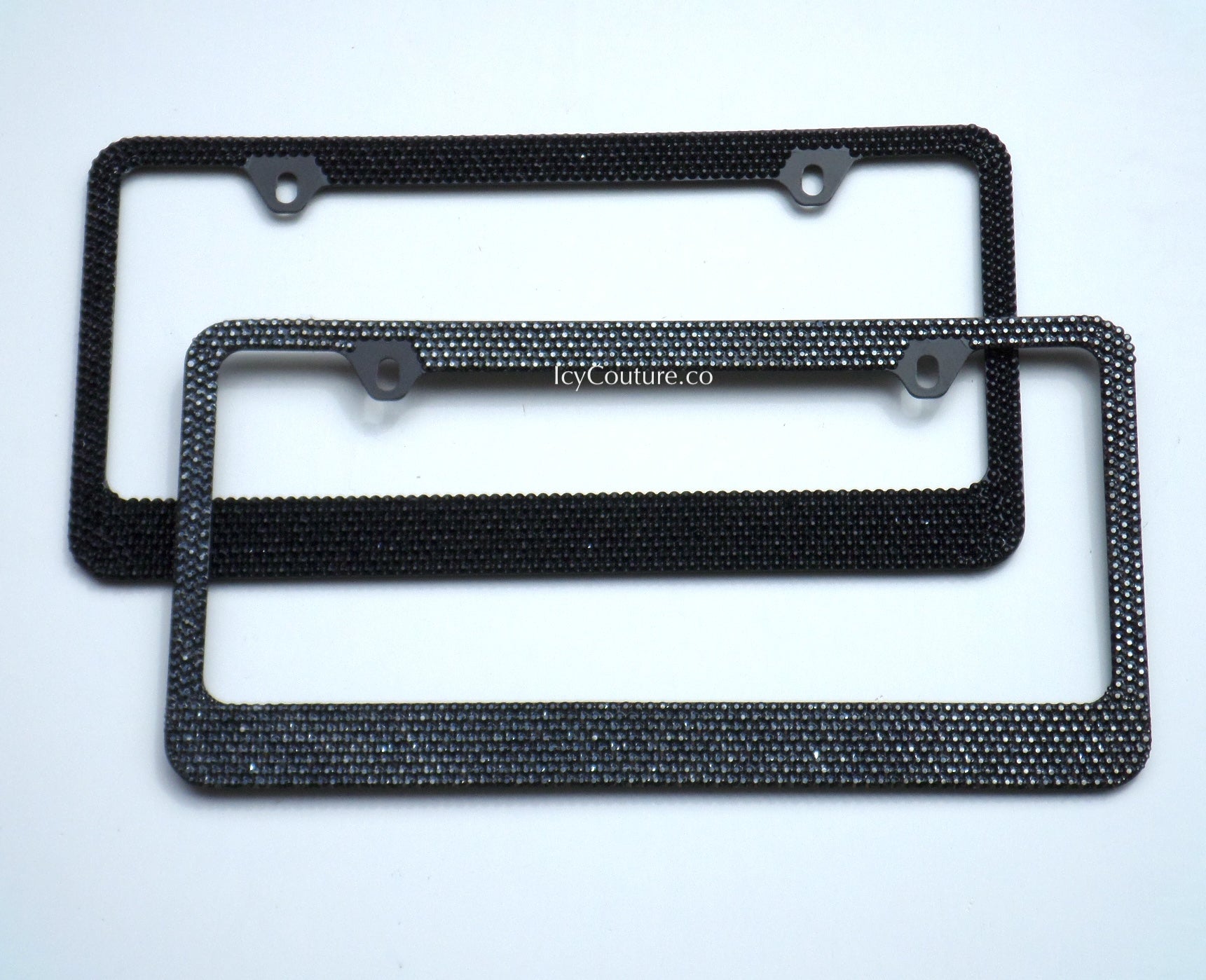 Crystal License Plate Frames - Black on Black: Jet Black is on top, Jet Hematite is on the bottom 