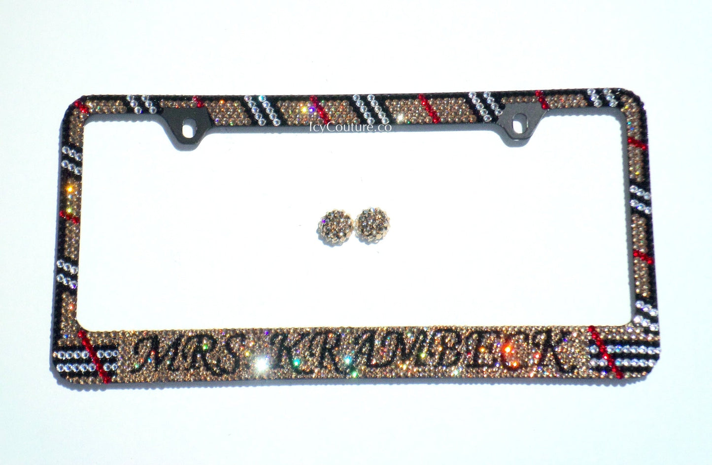 Swarovski License Plate Frame, Crystallized Crystal Bling Plate Frames by ICY Couture. | Golden Plaid with Custom Name 