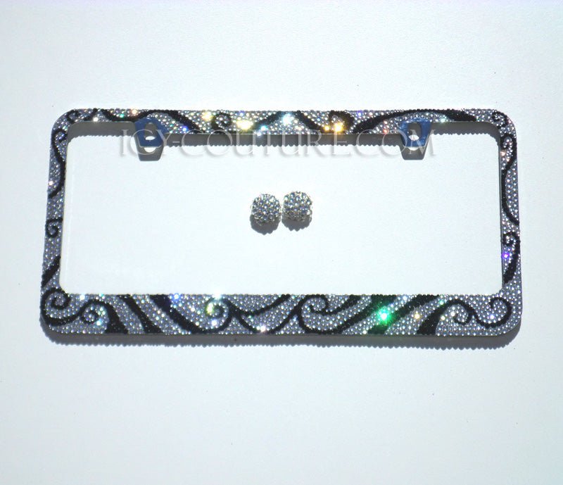 Designer Bling License Plate Frame Crystallized with Swarovski Crystals in Black and White Waves Design by ICY Couture