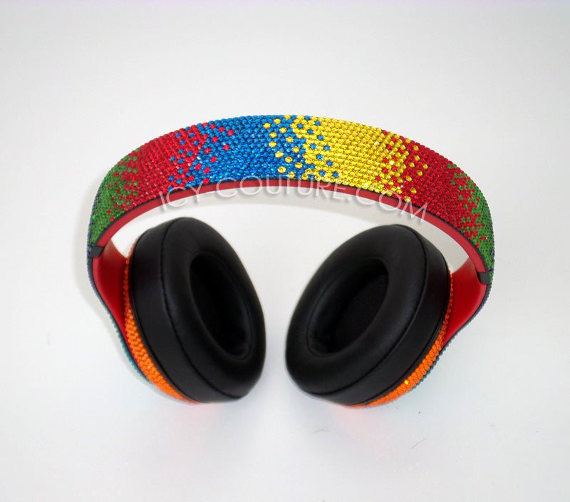 Rainbow headphones custom crystallized with Swarovski crystals in  pride flag colors by ICY Couture