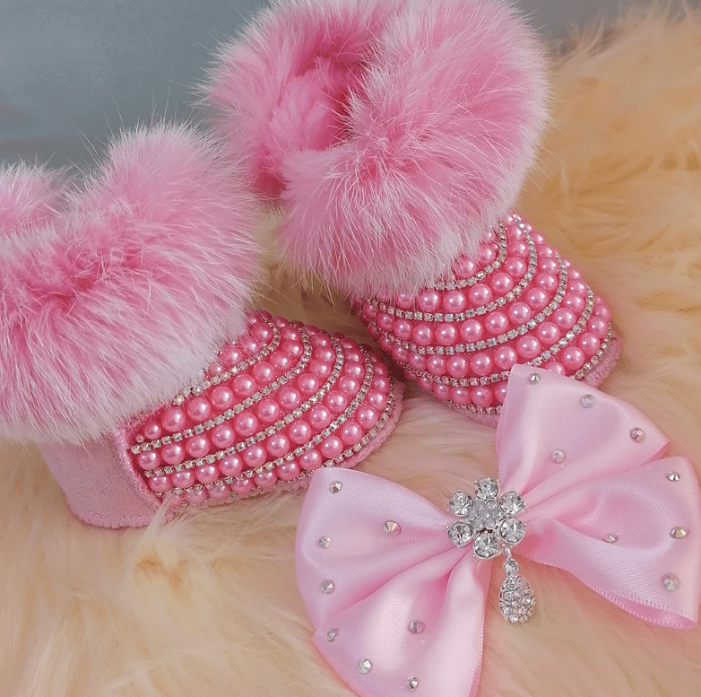 Custom Baby Girl Bling Boots with Pink Pearls & Crystal Chain - ICY Couture