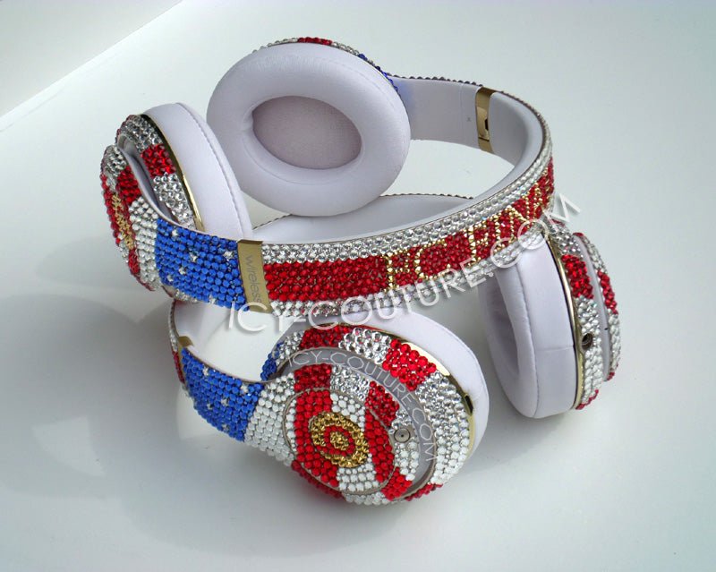 American flag with custom name Bling Solo Beats Headphones Custom Beddazled with Swarovski crystals or premium glass rhinestones by ICY Couture.