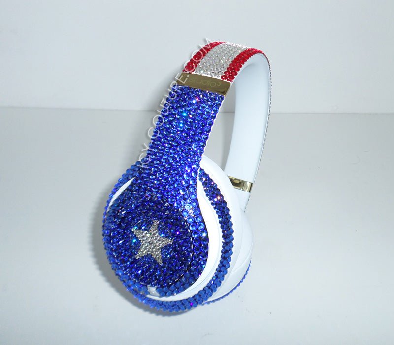 Style 2 American Flag Bling Studio Beats Headphones Custom Beddazled with Swarovski crystals or premium glass rhinestones by ICY Couture.