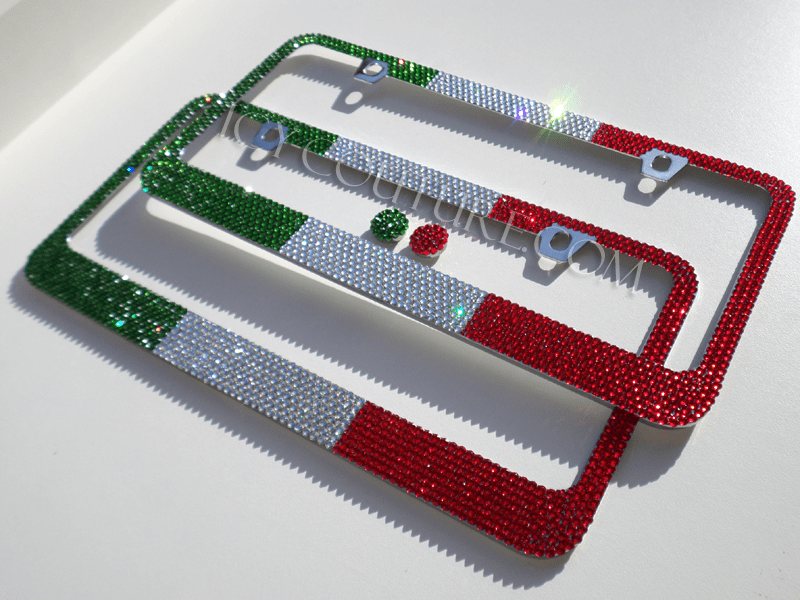 Italian or Mexican Flag Colors License Plate Frames Crystallized with Swarovski Crystals or Premium Glass Rhinestones by ICY Couture.