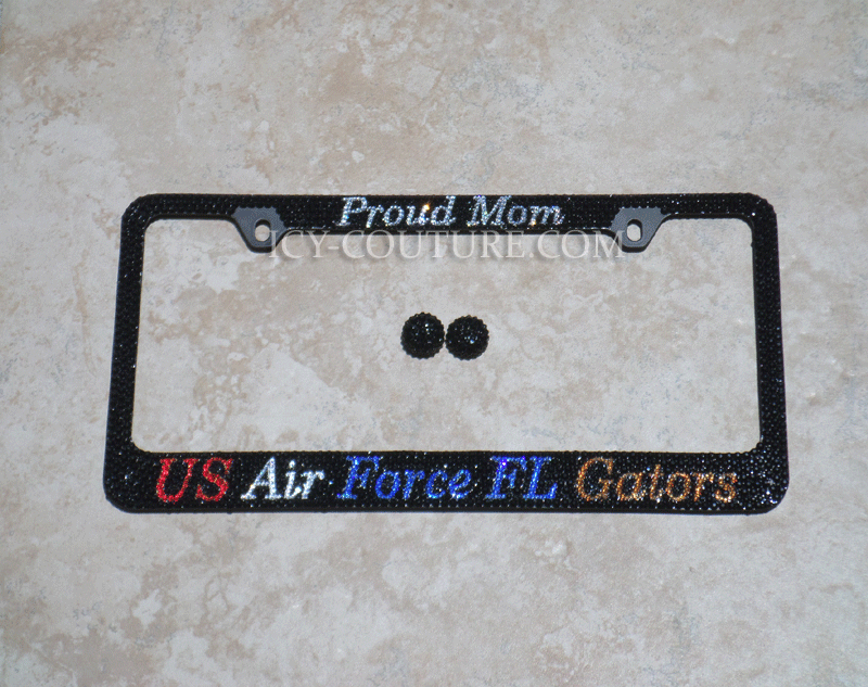 Proud Mom "US Air Force FL Gators" Custom Bling License Plate Frames With Swarovski Crystals, Bedazzled by ICY Couture