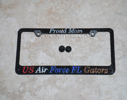 Proud Mom "US Air Force FL Gators" Custom Bling License Plate Frames With Swarovski Crystals, Bedazzled by ICY Couture
