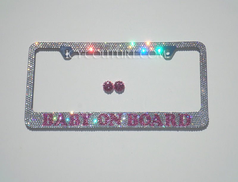 Moms Frames - Diamond Clear with Pink Baby on Board Custom Bling License Plate Frames With Swarovski Crystals, Bedazzled by ICY Couture