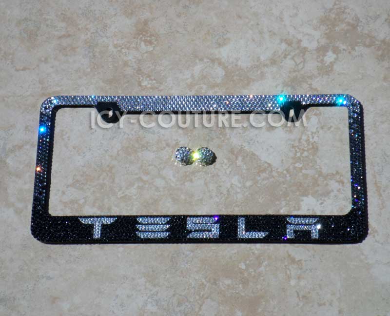 Tesla - Black Diamond Ombre Custom Bling License Plate Frames With Swarovski Crystals, Bedazzled by ICY Couture