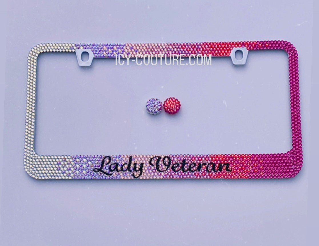 Lady Veteran Pink Ombre Custom Bling License Plate Frames With Swarovski Crystals, Bedazzled by ICY Couture