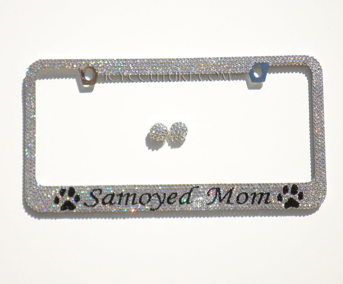 Samoyed Mom with Paws Custom Bling License Plate Frames With Swarovski Crystals, Bedazzled by ICY Couture