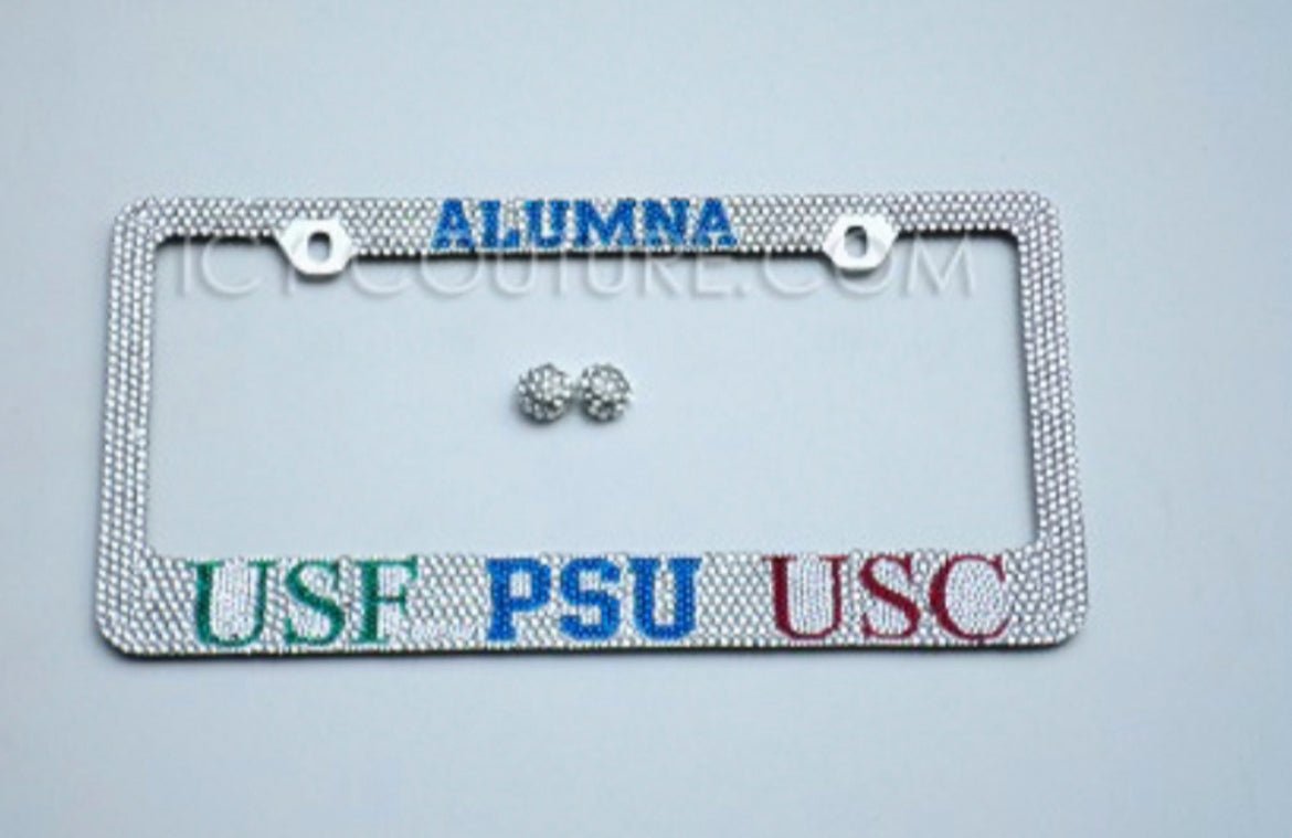 USF, PSU and USC Alumna Custom Bling License Plate Frames With Swarovski Crystals, Bedazzled by ICY Couture