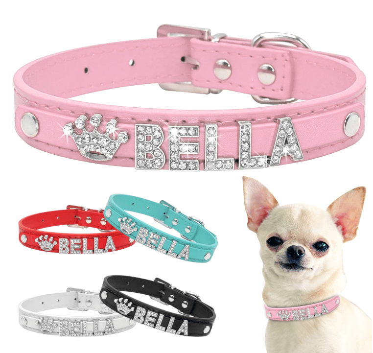 Custom Name Rhinestone Letters Vegan Leather Bling Collar. - ICY Couture