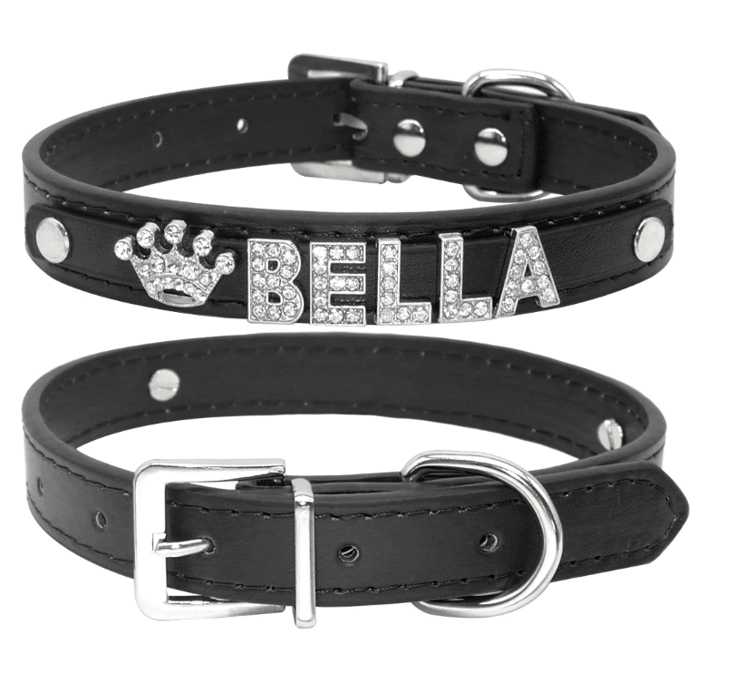 Custom Name Rhinestone Letters Vegan Leather Bling Collar. - ICY Couture