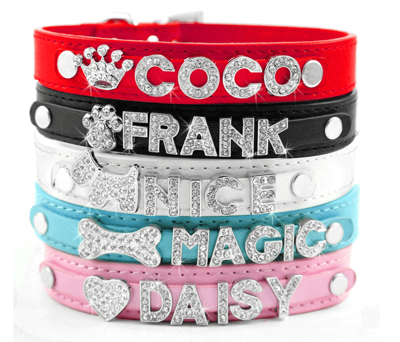 Custom Name Rhinestone Letters Vegan Leather Bling Collar. - ICY Couture