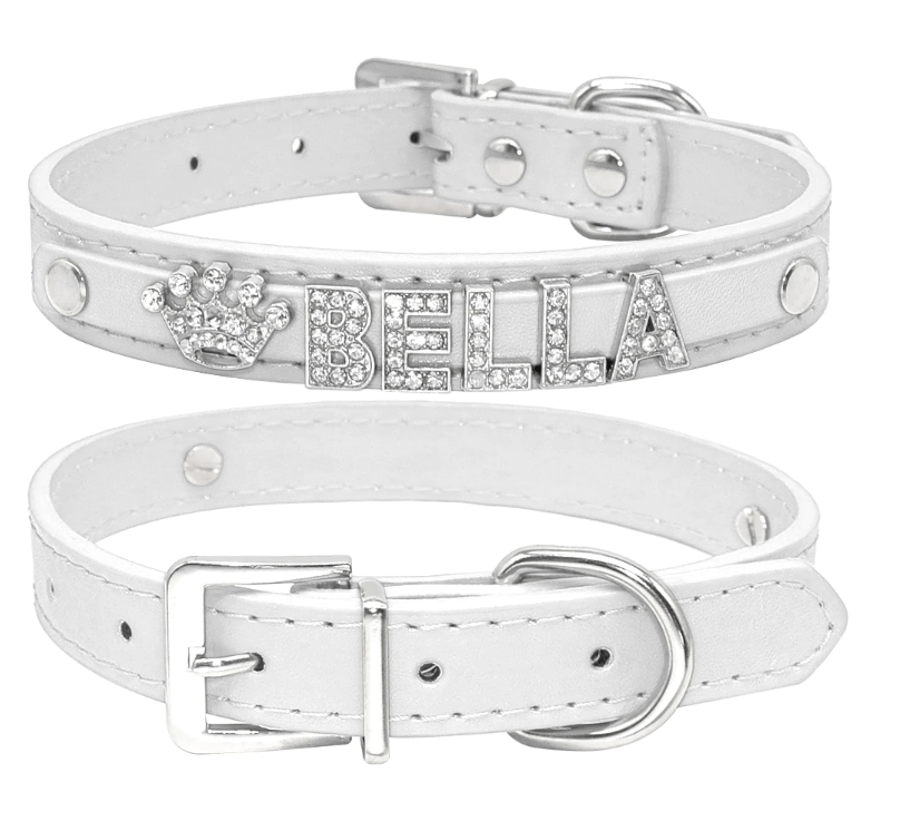 Custom Name Rhinestone Letters Vegan Leather Bling Collar. - ICY Couture