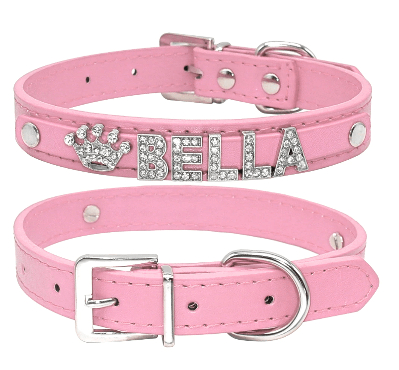 Custom Name Rhinestone Letters Vegan Leather Bling Collar. - ICY Couture
