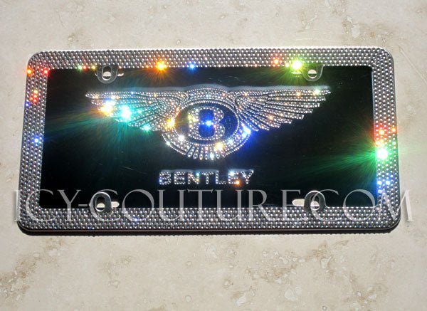 Sparkling set of from Bentley logo license plate with matching Diamond clear bling license plate frame custom crystallized by ICY Couture with Swarovski Crystals.