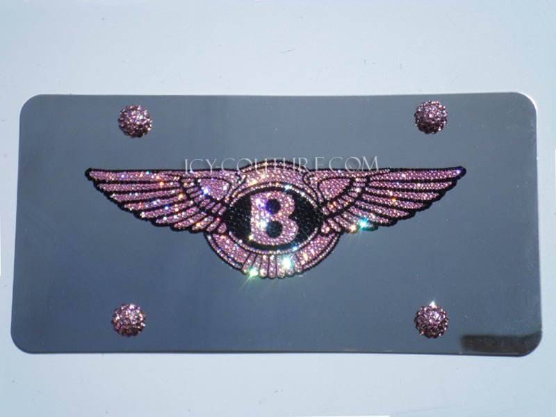 Pink Bentley logo license plate with matching pink bling screw caps, custom crystallized by ICY Couture with Swarovski Crystals.